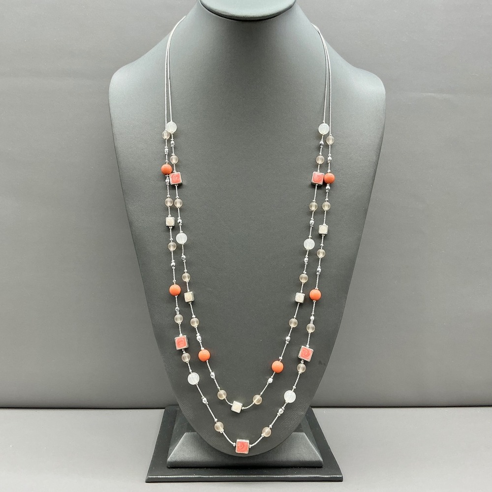 Double Layer Beaded Necklace Orange Silver Tone Square Round Fashion Accessory